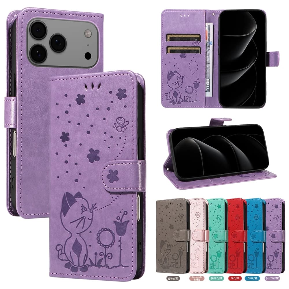 Custodia a portafoglio in pelle con ape gatto adorabile per iPhone 17 16e 11 12 13 Mini 14 15 8 7 6 Plus 16 Pro XS XR Max SE Copertina del libro del telefono