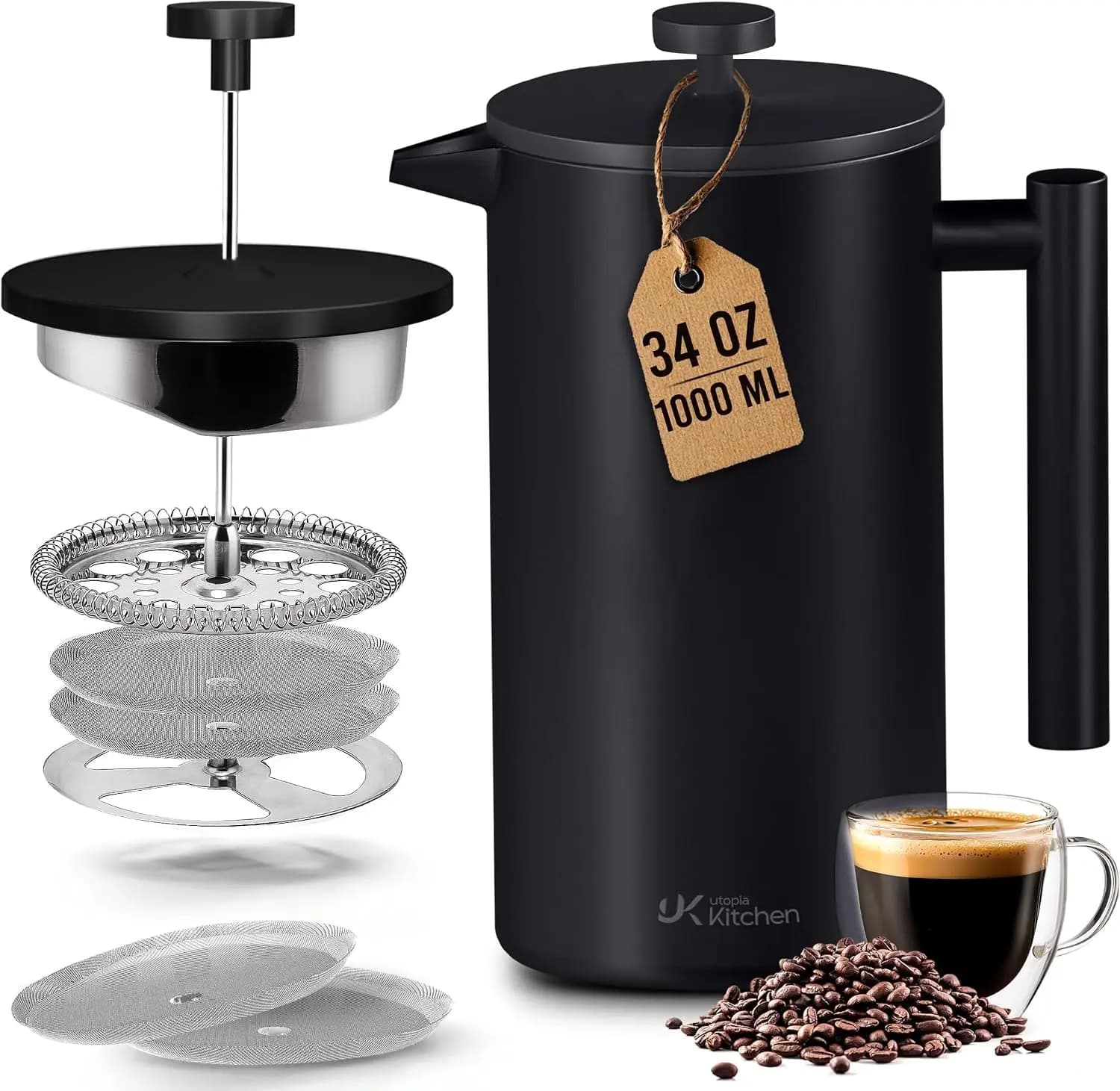 Double Wall Insulated French Press Coffee Maker 34 Oz, 4-Level Filtration, Rust-Free, Black