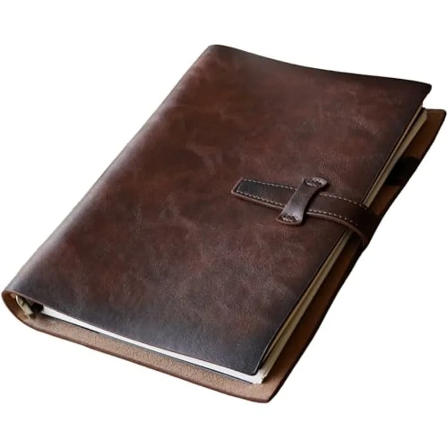 Refillable Leather Binder Notebook, Reusable Leather Journal, Vintage Organizer with 6-Ring Metal Binder, 120 Pages and Pocket,