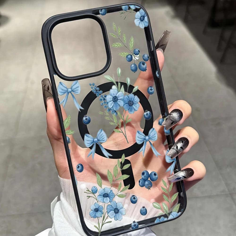 Transparent Floral Blueberry Case for iPhone 17 14 12 Pro Max 13 16 15 Plus 11 Compatible with Refill Wireless MagSafe Anti-shocket