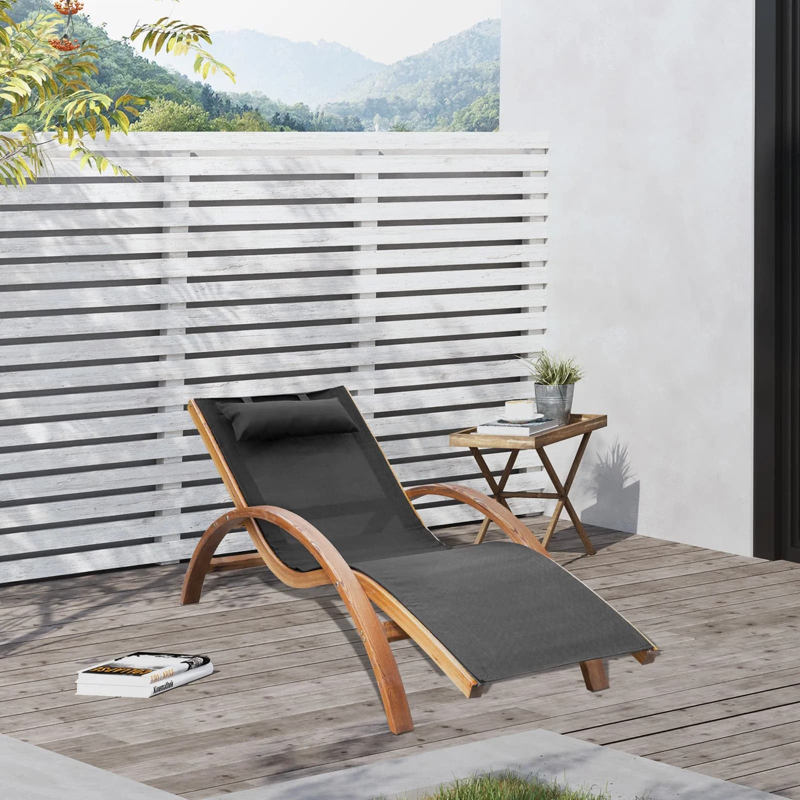 Chaise longue reclinabile in legno a rete da patio con cuscino - Nero