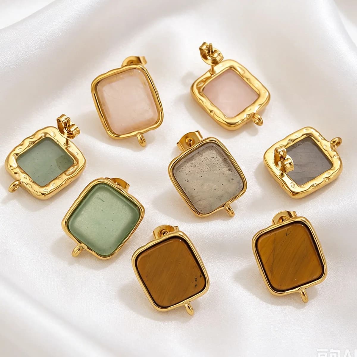 4Pcs 18K PVD Gold Stainless Steel Square Stone Earrings With Ear Plugs With Ring Minimal Connectors DIY Women Jewelry Wholesale
