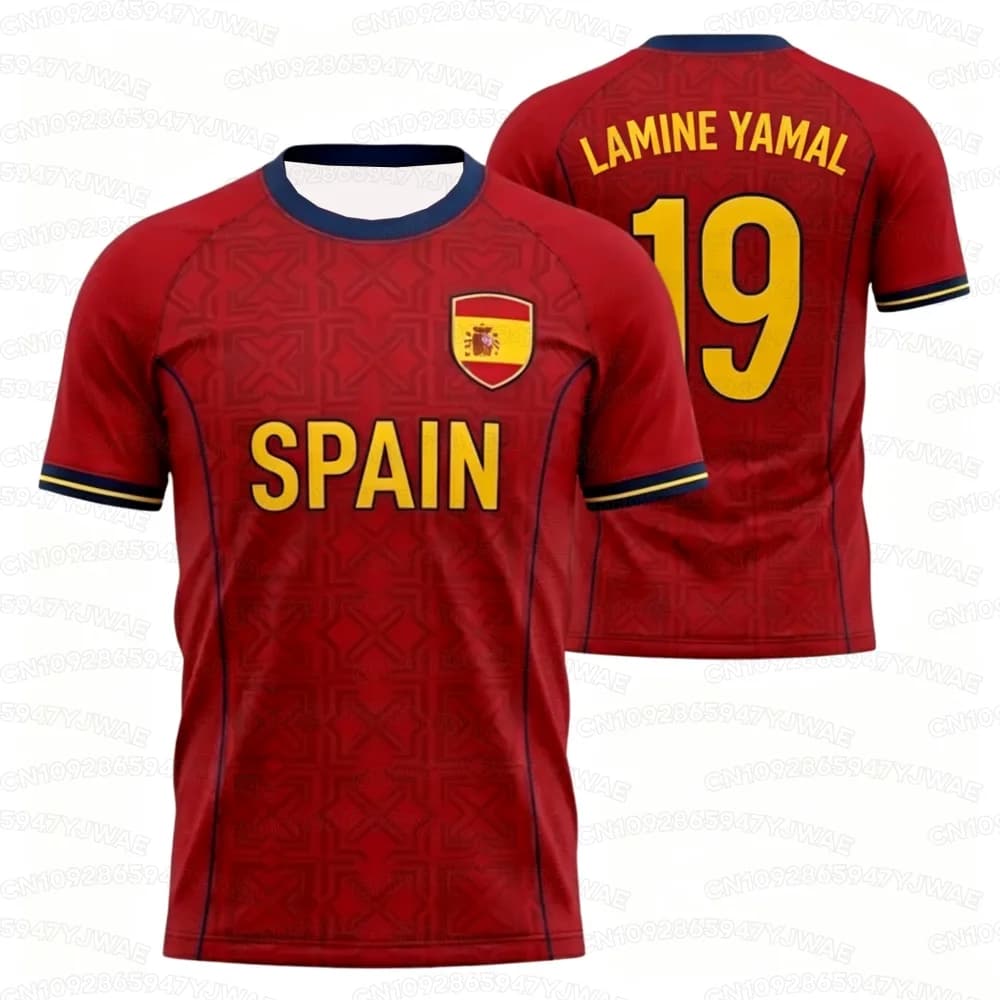 Adult Spain Soccer Jersey National Text Number 19 Print Hidden Geometric Fabric Motifs 2026 Athletic Emblem Fan Football Shirt