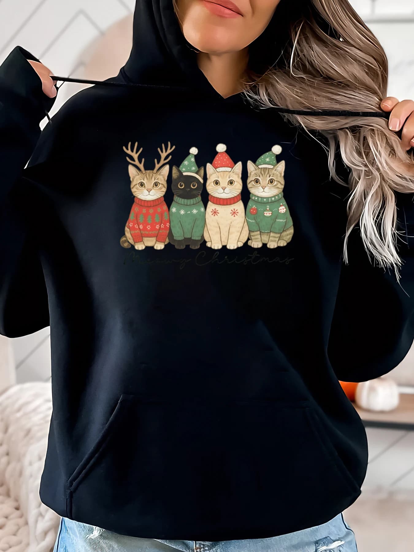 Gatti di Natale con cappelli e maglioni di Babbo Natale Felpa con cappuccio natalizia da donna Abbigliamento casual da vacanza Nero Taglie forti