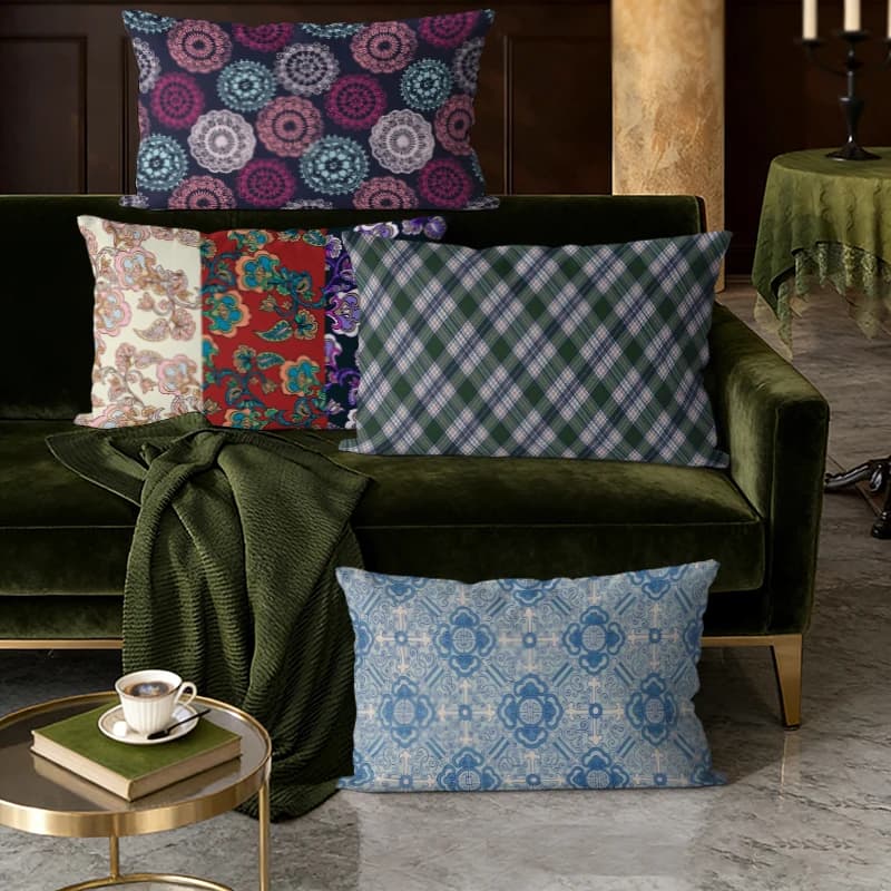Vintage Boho Plaid Floral Pillow Covers Suitable For Sofa Bedroom Car Pillow Cover Cushion Rectangular Back Cushion