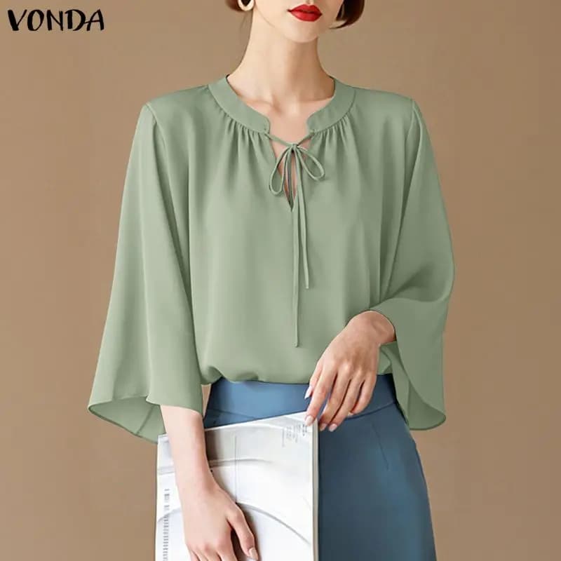 VONDA Camicette da donna alla moda, top estivi primaverili, maniche a tre quarti, scollo a V, bluse larghe a tinta unita, top da lavoro oversize