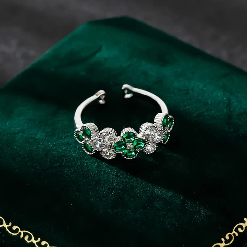 Exquisite Green Four-leaf Clover Shape Copper Rings Luxury Women Adjustable Unisex Rhinestones Crystal Gold Silver Plated Rings