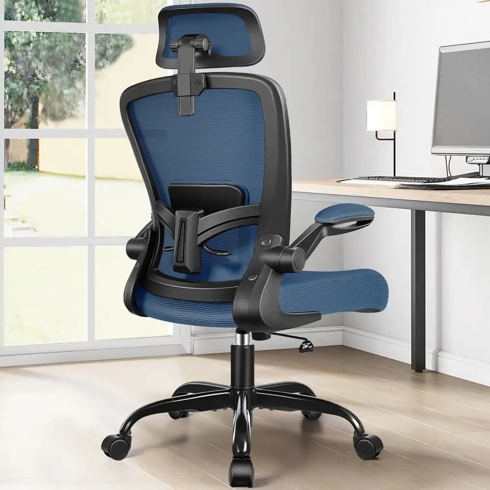 Sedia ergonomica girevole blu scuro con schienale alto con lombare regolabile, braccioli e altezza per giochi in ufficio a casa