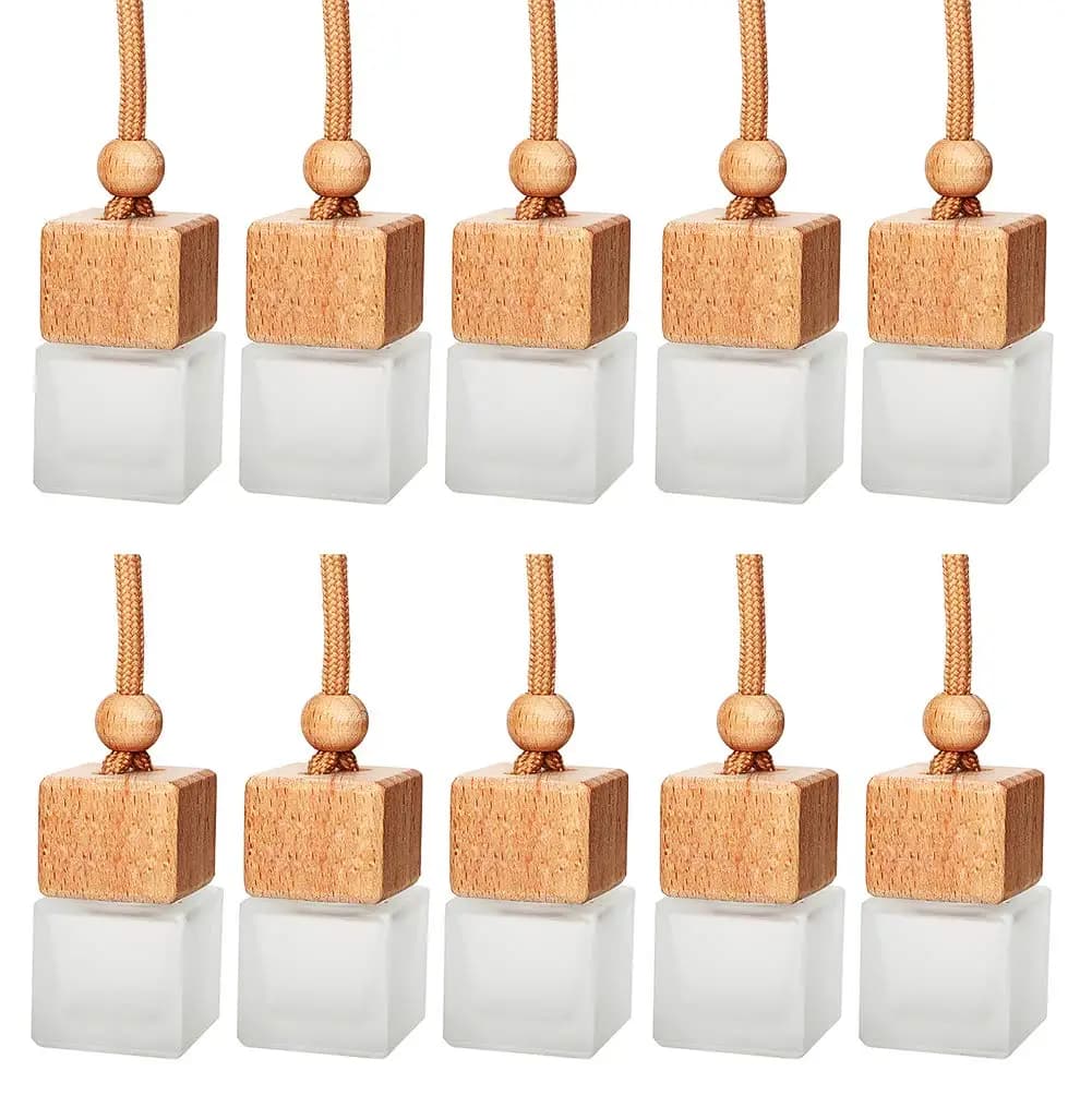 10-Pack 8ml Frosted Glass Car Perfume Diffusers With Wooden Cube Caps And Rope Hangers, Includes Dropper And Funnel