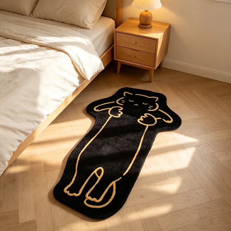 VIKAMA Lazy Lying Cat Long Shaped Rug Soft Fluffy Non Slip Floor Mat Cartoon Kitten Carpet Bedroom Bedside Decor