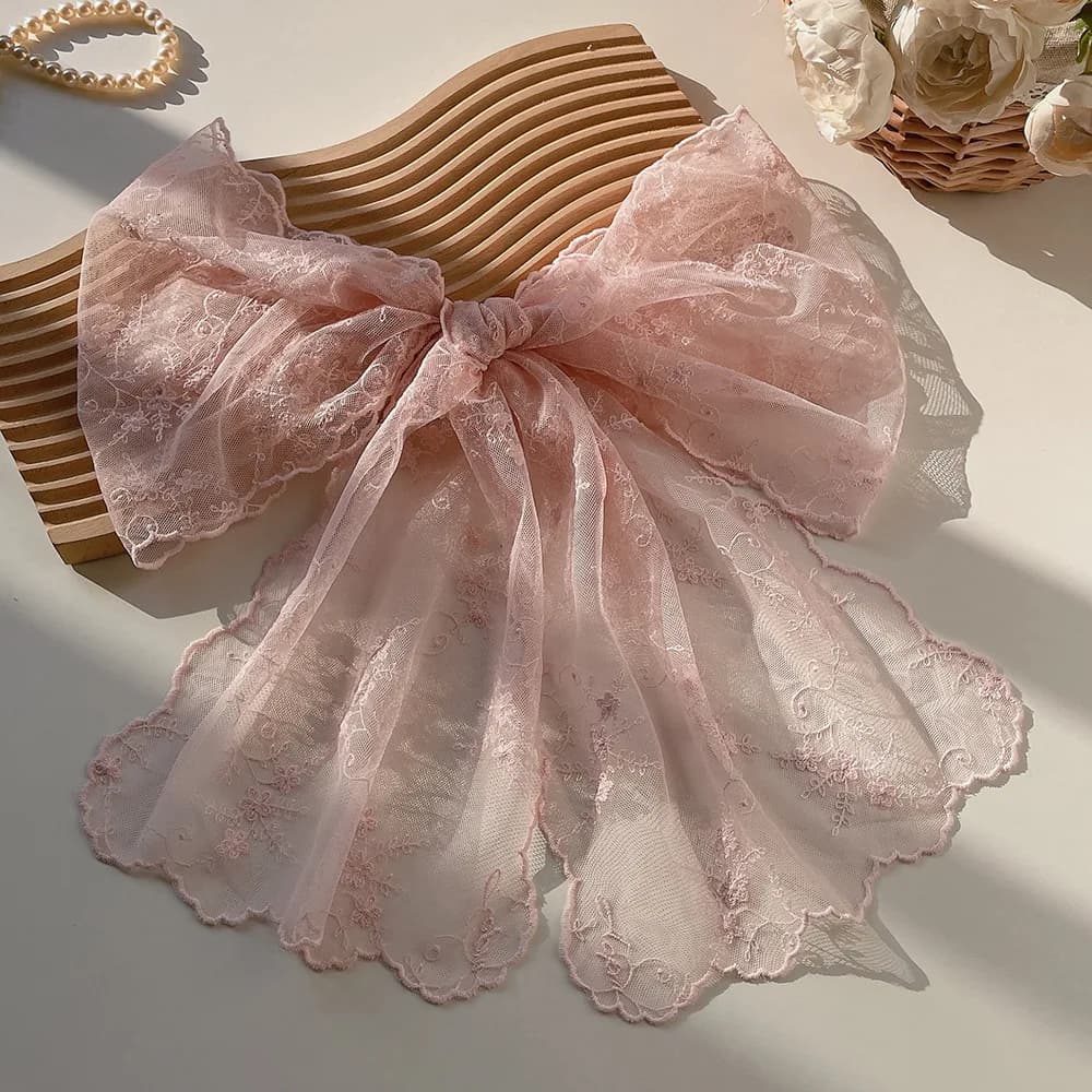 Sciarpa Lunga da Donna Stile Principessa Coreana con Ricami in Pizzo e Nastro, Orlo a Mezzaluna, Leggera e Trasparente, Accessorio Chic