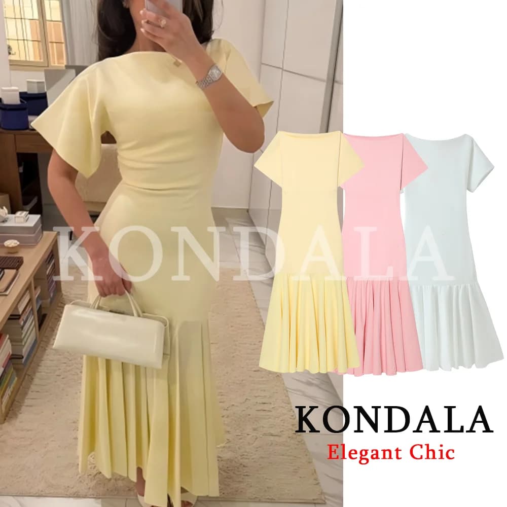 KONDALA Abito Midi Elegante da Donna con Colletto a Barchetta, Vestito Slim con Inserti Plissettati, Nuova Moda Primavera-Estate 2026