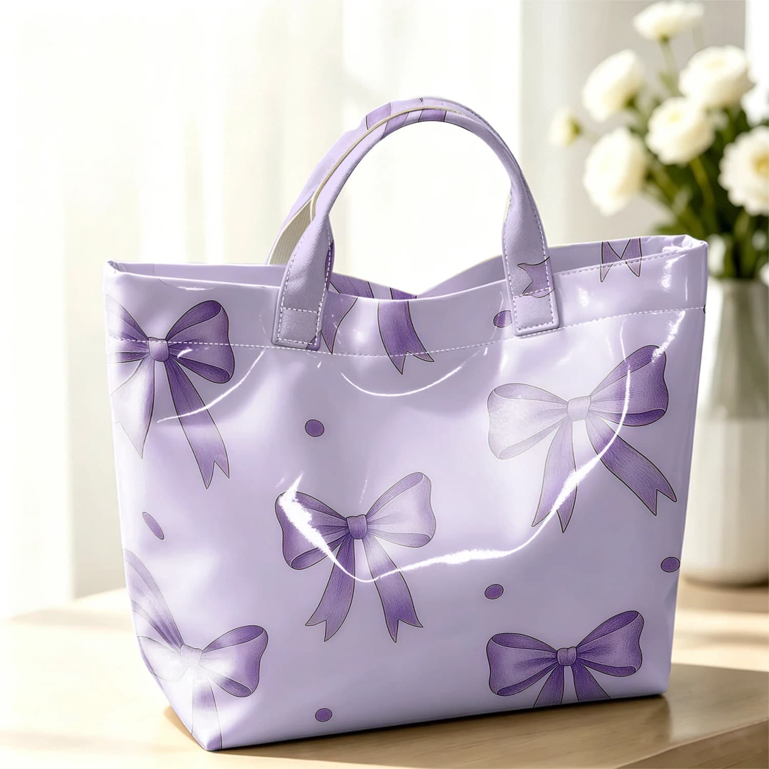 Lavender Dot Bow Cute Large Glossy PVC Tote Bag Hand Washable Lightweight Soft Great for Travel Commute Makeup Storage Handbags