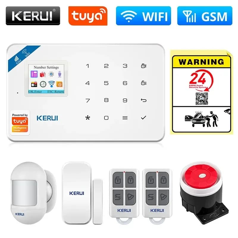 Sistema di Allarme di Sicurezza KERUI WIFI GSM Compatibile con App Tuya Smart e Alexa, Rilevatore di Movimento, Sensore di Fumo, Porte e Finestre