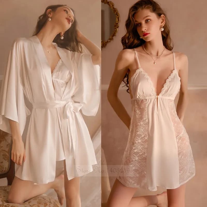 Prospettiva sexy Patchwork Abito in pizzo Reggicalze Camicia da notte Set da due pezzi Donna Accappatoio in raso sottile Indumenti da notte Abiti estivi per la casa