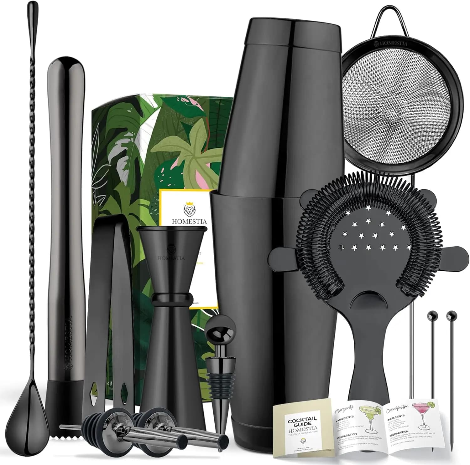 Set da Cocktail, 12 Pezzi Kit da Barman in Acciaio Inox con Shaker Boston, Cucchiaio Miscelatore, Jigger e Colino per Bar Domestico