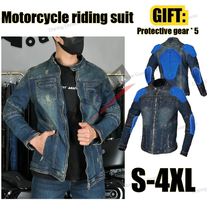 Men Motorcycle Riding Jacket Retro Denim Biker Coat Windproof Anti Fall Breathable Racing Gear Four Season Motorbike Outerwear