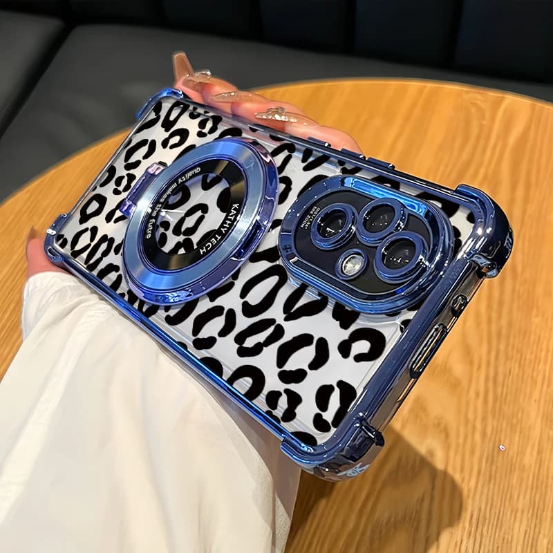 Supporto per telefono con custodia per Huawei P40 Pro Nova 9 4E P30 Lite, antiurto, con placcatura, motivo leopardo, cover morbida trasparente