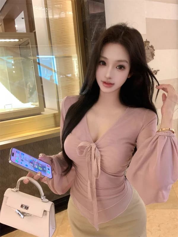 plus Size Women's Sexy Pure Desire Lace Belted V-Neck Long Sleeve T-Shirt Slimming Autumn Design Versatile Top