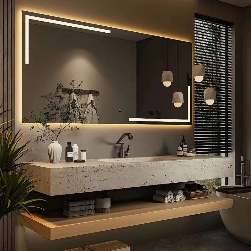 Mobile bagno minimalista italiano con lavabo integrato in ceramica e piano curvo in roccia, mobile lavabo bagno, arredo bagno FYBC