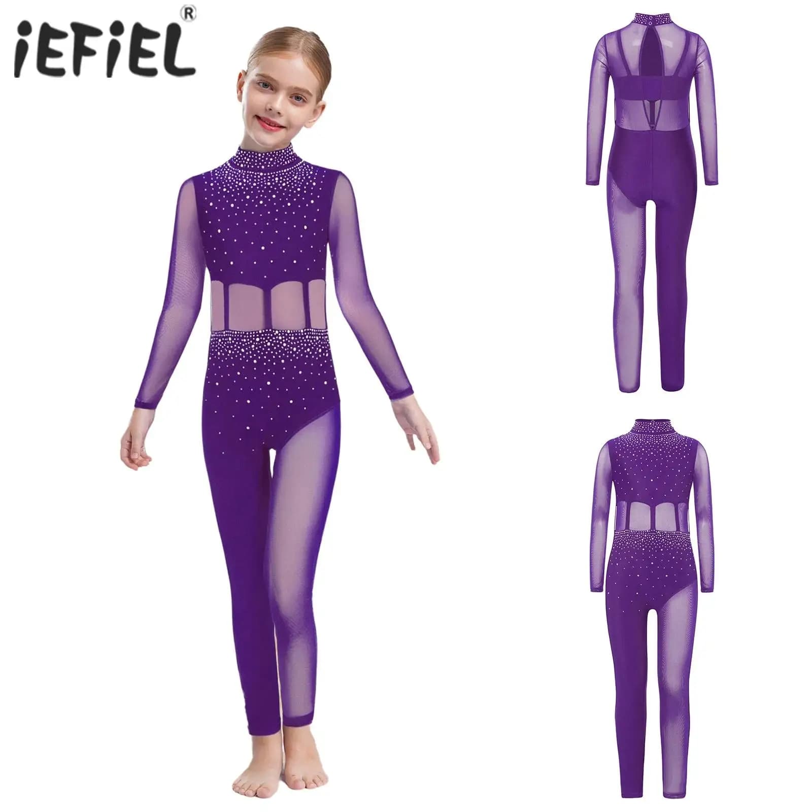 Ragazze Balletto Ginnastica Tuta Pattinaggio di Figura Pagliaccetto Sheer Mesh Full Body Fitness Body Collo a lupetto Manica lunga Buco della serratura Indietro
