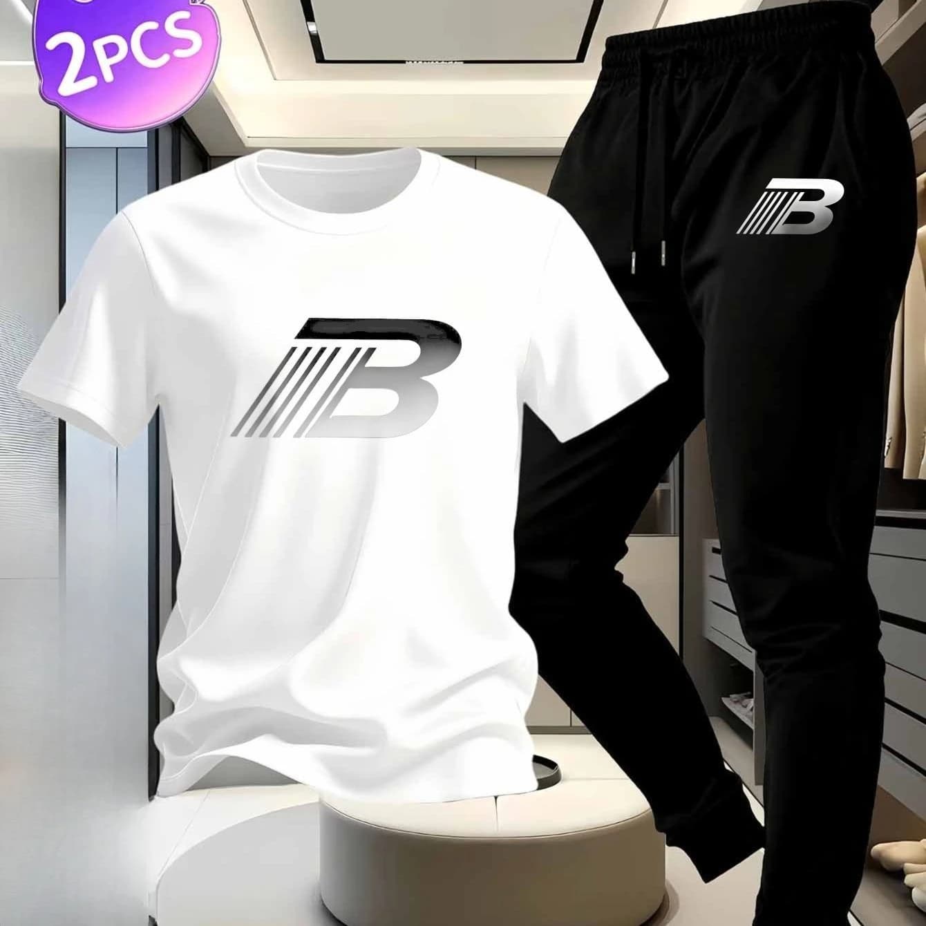 Completo Casual da Uomo: T-Shirt Bianca in Cotone a Maniche Corte con Pantaloni Sportivi Neri, con Stampa della Lettera B sul Petto e sulle Gambe dei Pantaloni