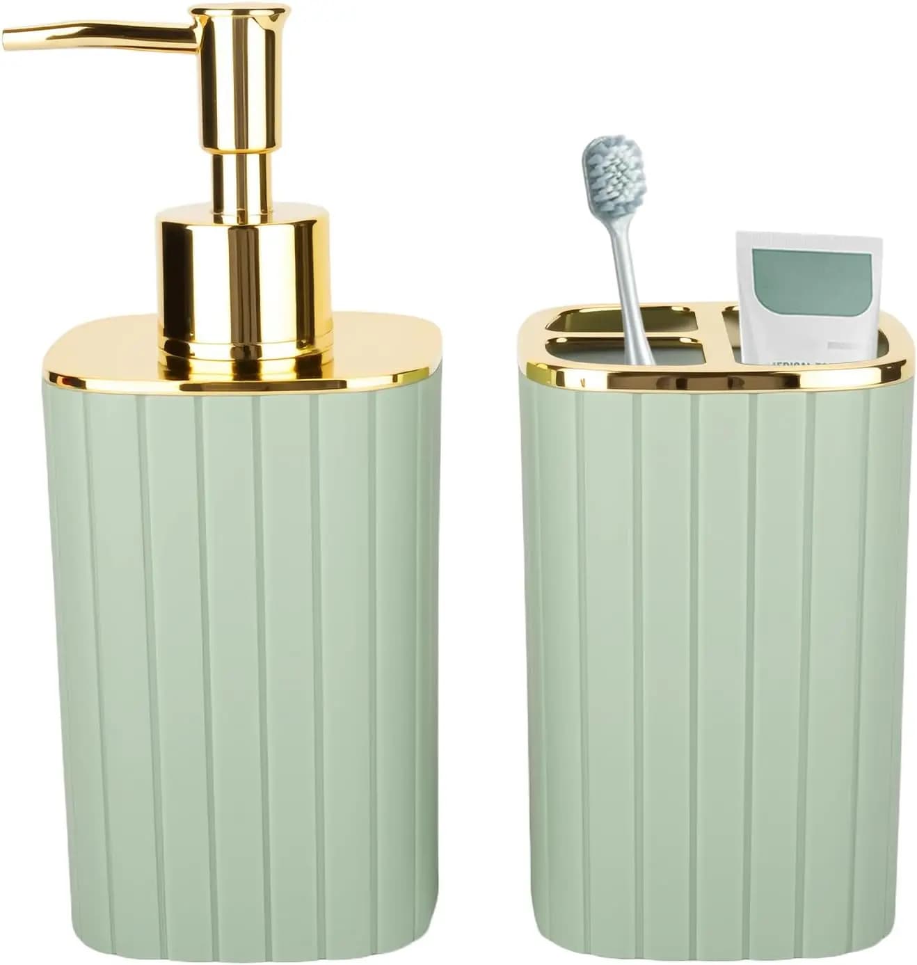 Set di Accessori per Bagno Verde Salvia - Dispenser Sapone e Portaspazzolino per Arredamento Boho