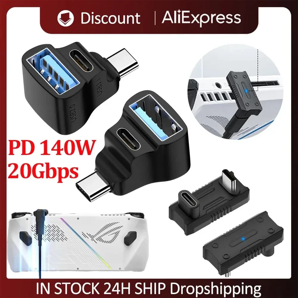 180-degree angle USB Adapter for Steam Deck USB Adapter C from 1 to 2 20Gbps 8K 60HZ PD 140W Extension Connector for ASUS Rog Ally