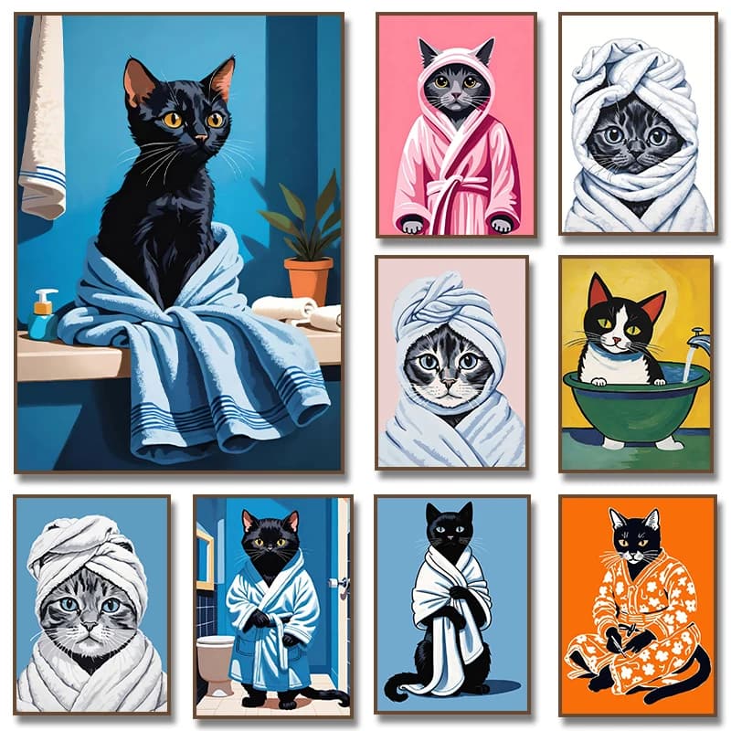 Nice bathroom cat black poster print canvas painting modern funny kitten wearing bathrobe art pictures of wall toilet home decorations