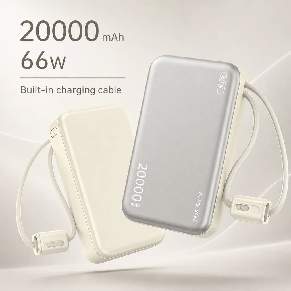 Power Bank 20000mAh 66W Portable Charger With Cable Fast Charging For iPhone Xiaomi Huawei Samsung Phones