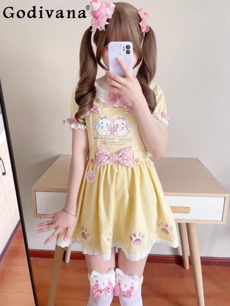 Original Kawaii Sweet Daughter Dress Summer Girls Y2k Sleeve Corta Cartoon Cotton T-shirt Chunky Dress with Strap Set of 2 Pieces