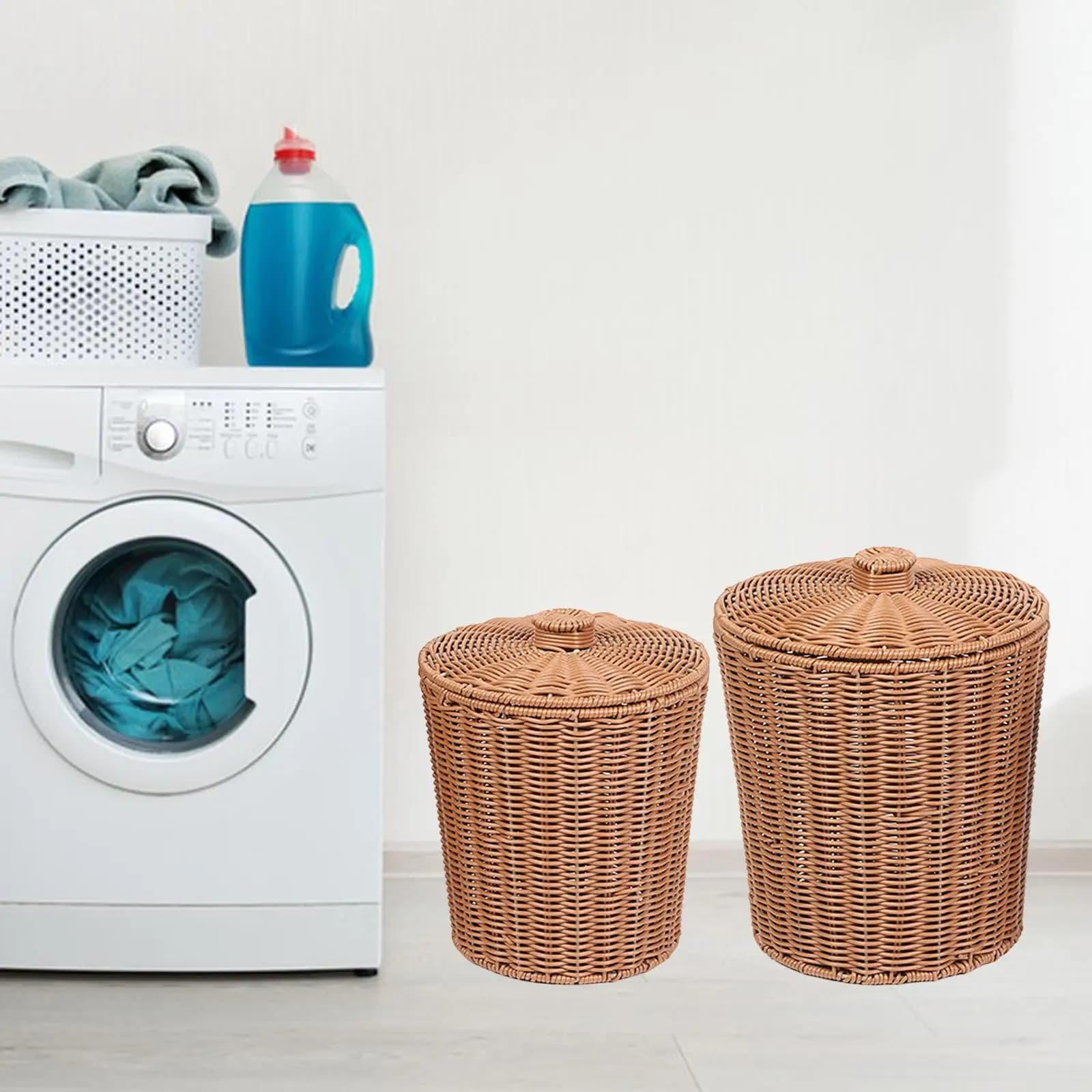 Cestino per Rifiuti in Carta con Coperchio, Cesto Rotondo in Vimini Intrecciato a Mano in Plastica per Scrivania, Casa, Decorazione, Camera da Letto, Snack, Cosmetici