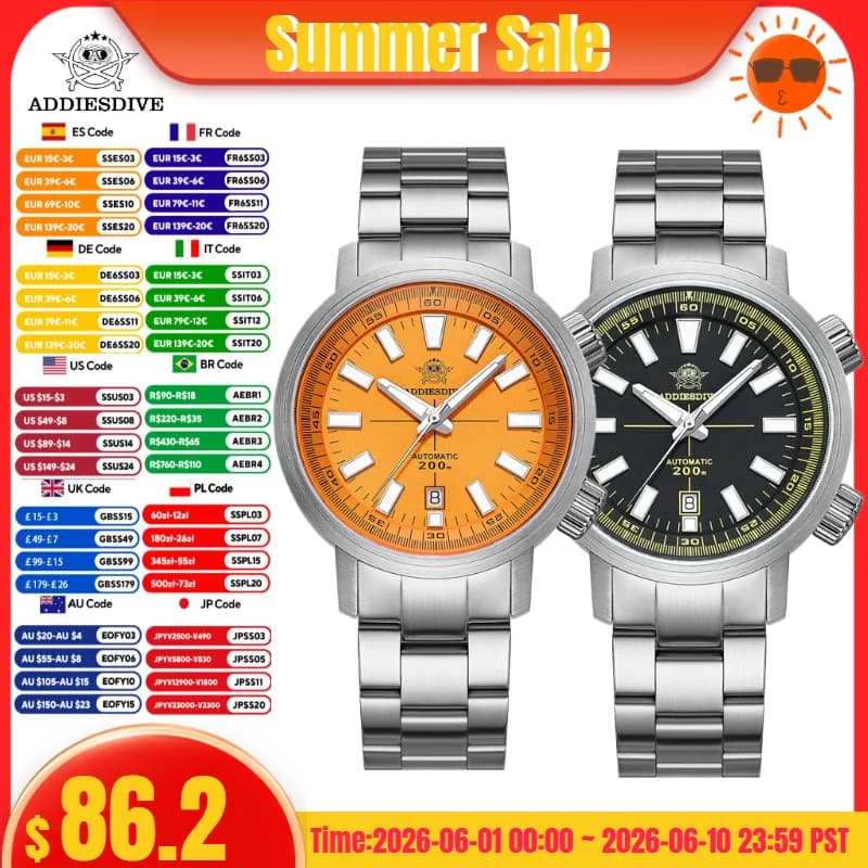 ADDIESDIVE Orologio da uomo di lusso BGW9 Super luminoso giapponese AD2093 8215 Zaffiro Erba 20Bar Orologio meccanico automatico impermeabile