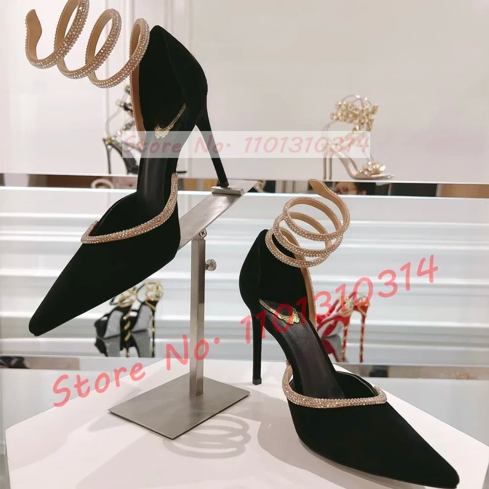 Wallet Velvet Décolleté with Snake Golden Crystal from Fashionable Women's Fashionable Sandals genuine leather with black pointed tip elegant evening shoes with high heel