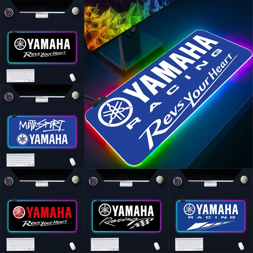 Tappetino per mouse da gioco RGB con logo da corsa motociclistica, tappetino per mouse LED luminoso, tappetino per mouse in gomma per computer da gioco