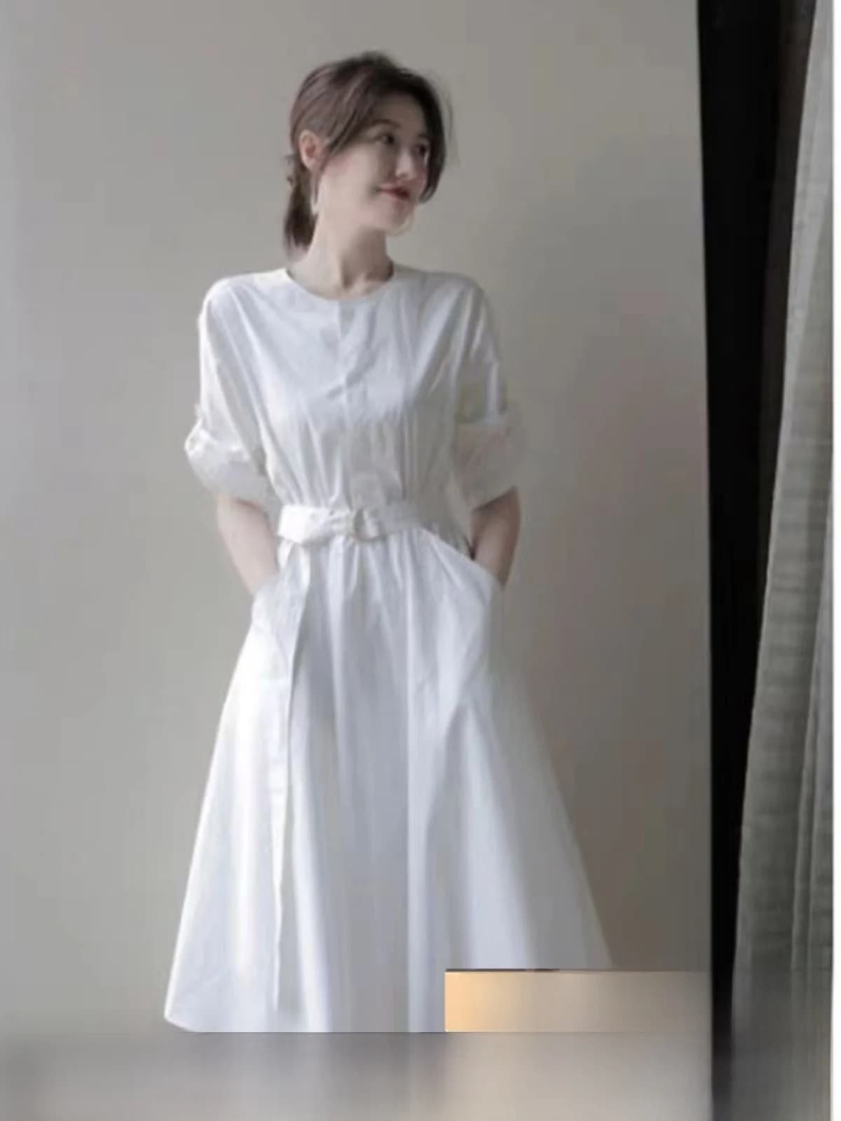 Elegant White Shirt Dress Women's Fashion Spring Summer 2026 Waist-Cinching A-Line Midi Skirt Commute Korean Style Polyester ...