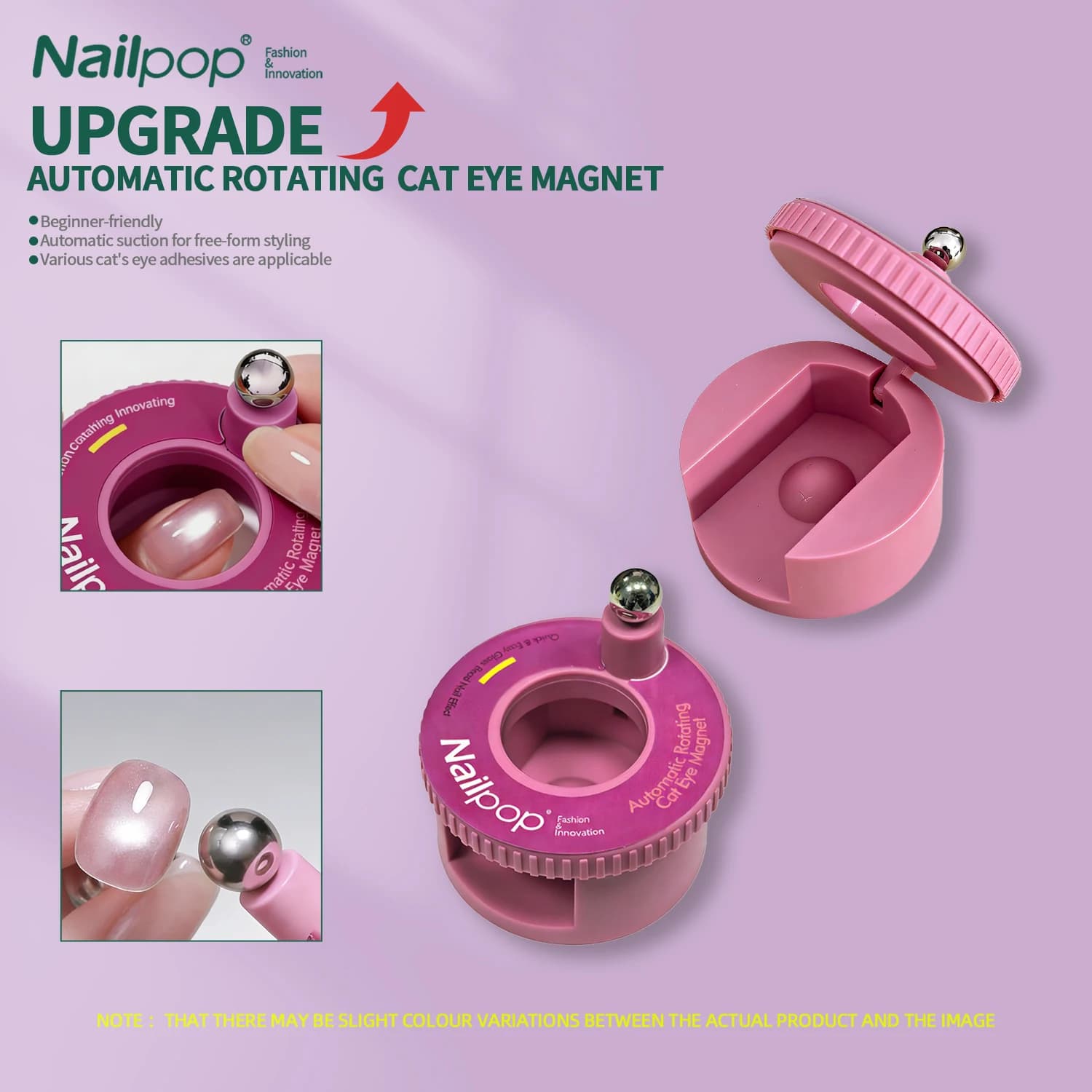Nailpop Automatic Rotating Device for Cat Eye Effect, Nail Glass Beads, Nail Art Tool Suitable for Beginners, Pink and White, 1 Piece