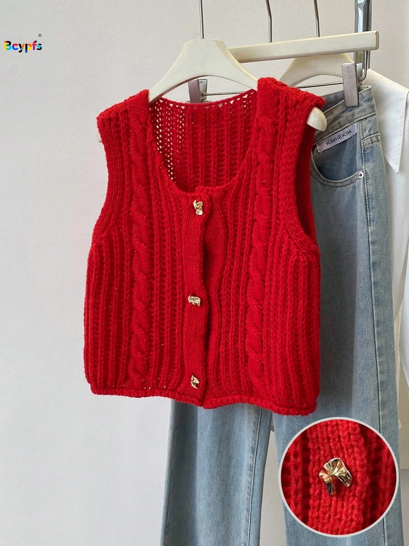 Red Chunky Knit Cardigan Vest Women Sleeveless Button Up Hollow Out Cropped Tank Top Casual Office Daily Outerwear