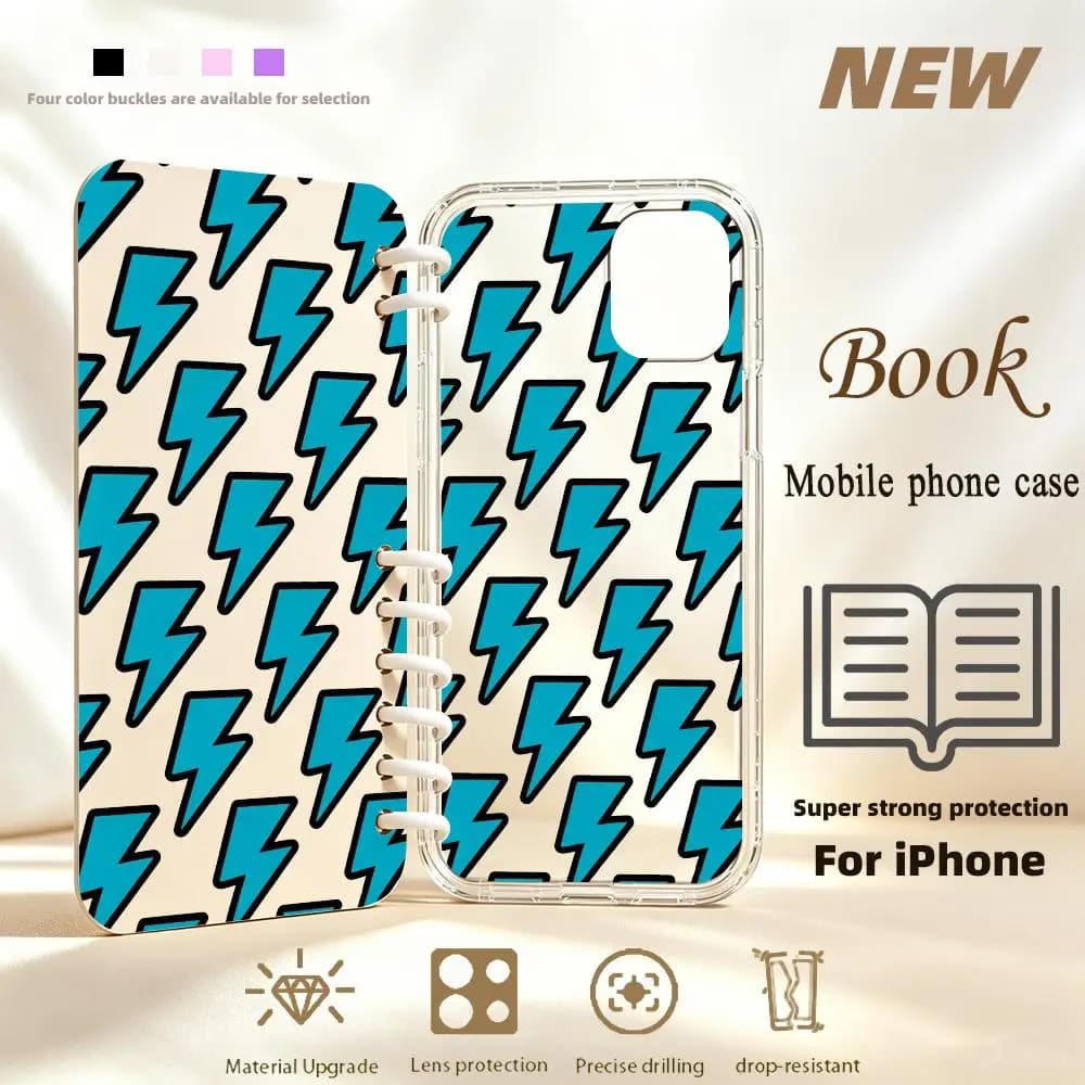 Blue lightning notebook Book-style All-inclusive phone case for iPhone 17、16、15、14、13、12、pm Pro Plus Double-sided Dropresistant