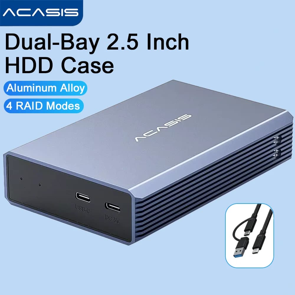 Acasis Box Esterno per HDD da 2.5 Pollici a Doppio Bay per HDD/SSD SATA da 2.5'' con Funzione RAID, Case Array Dischi Type-C