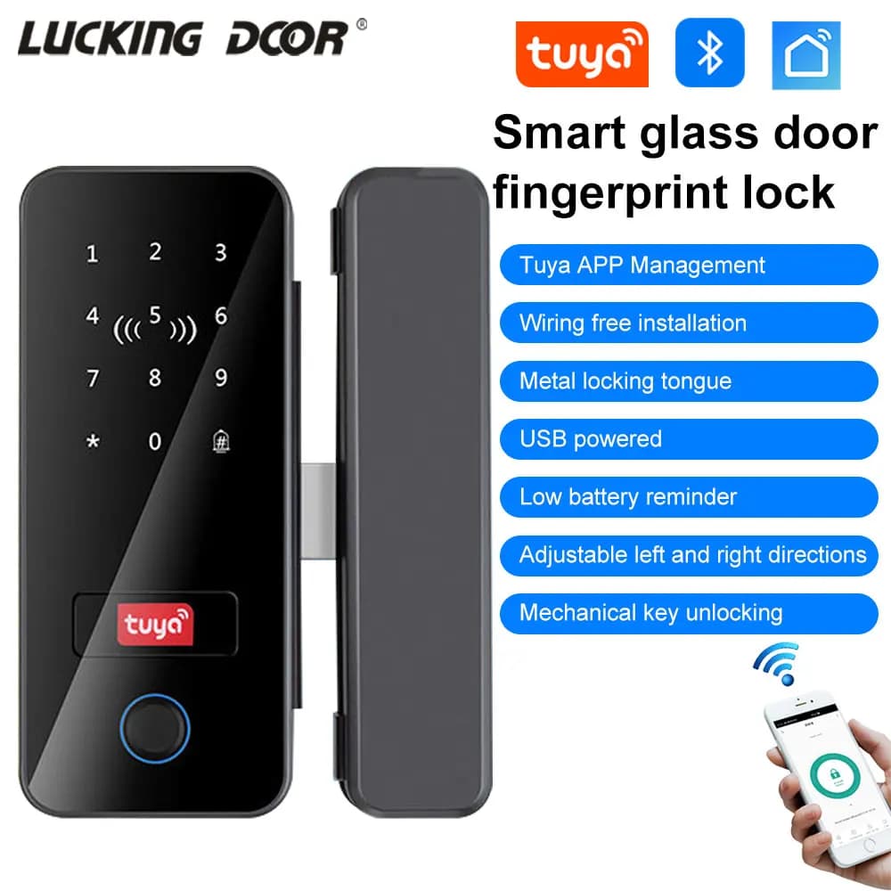 Tuya App Serratura biometrica per porta in vetro con impronta digitale Serratura elettronica per smart card per ufficio con funzione chiave gateway WiFi con telecomando