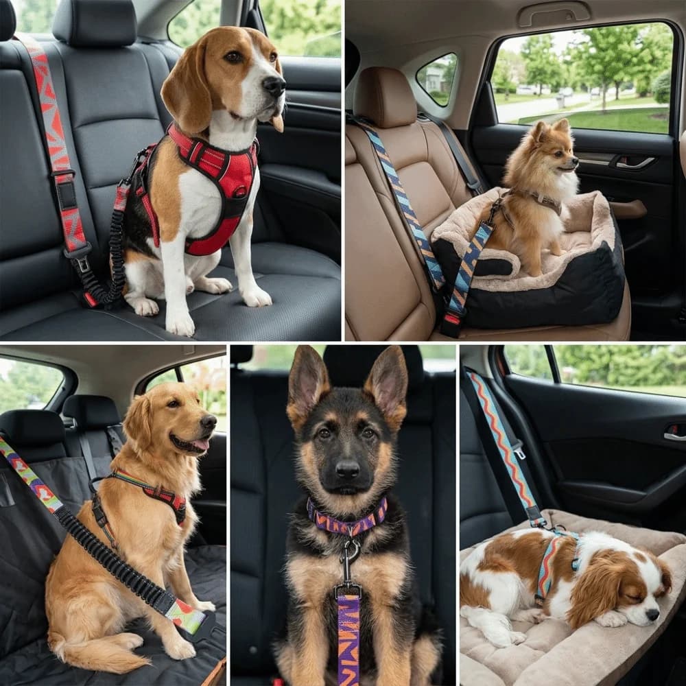 Adjustable Length Pet Car Seatbelt Retractable Nylon Fabric Dog Car Strap Printed Pattern Multi Colors Dog Vehicle Harness Strap
