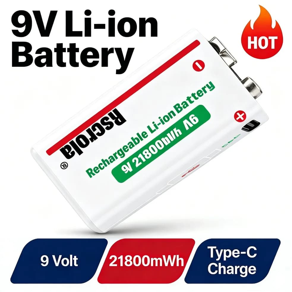 Batteria Li-ion 9V Rscrola 21800mWh Ricaricabile con Cavo USB-C Lunga Durata per Fotocamere, Orologi, Allarmi Antifumo