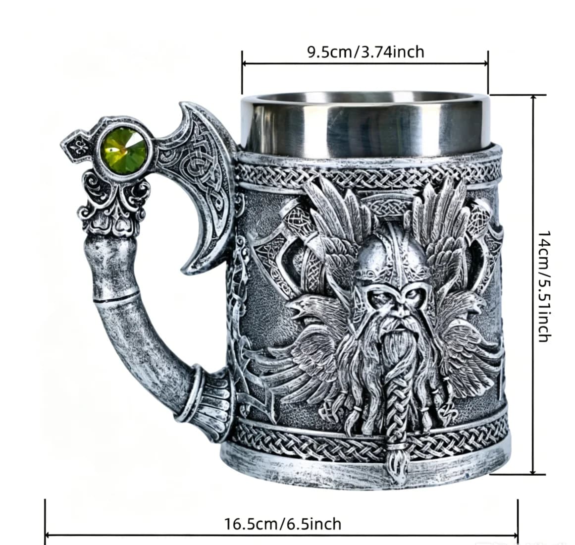 Medieval Viking Beer Mug Axe Sculpted Handle With Rhinestone 3D Raven Resin Stainless Steel Tankard Vintage Pub Cup