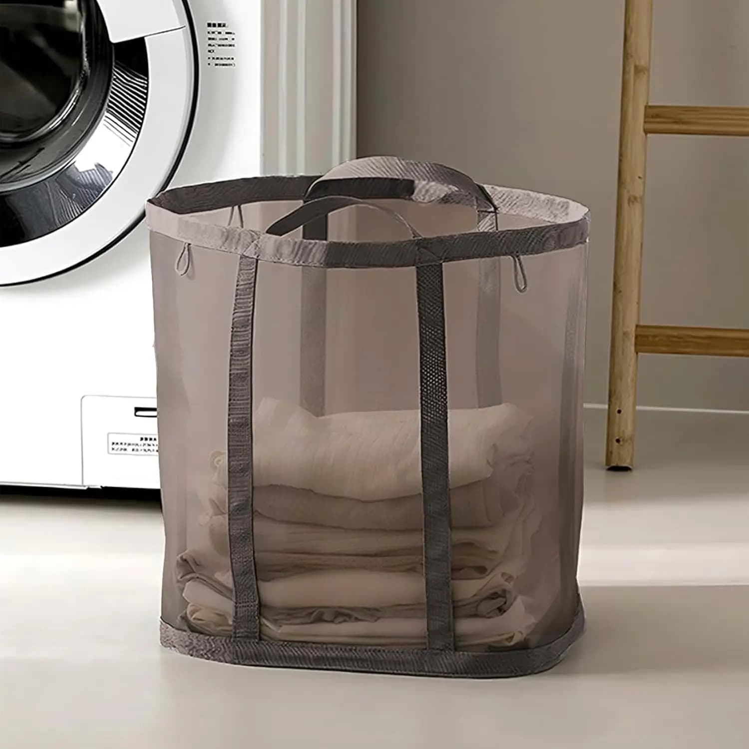 Foldable Mesh Laundry Bag with Handles, Collapsible Beach Tote, Space-Saving Travel Bag (Brown)