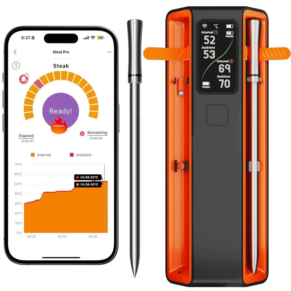 Termometro per Carne Wireless Bluetooth, Digitale con 2 Sonde e Display LCD per BBQ, Griglia, Affumicatore, Friggitrice ad Aria, Cucina, Forno, Perfetto per la Tacchino