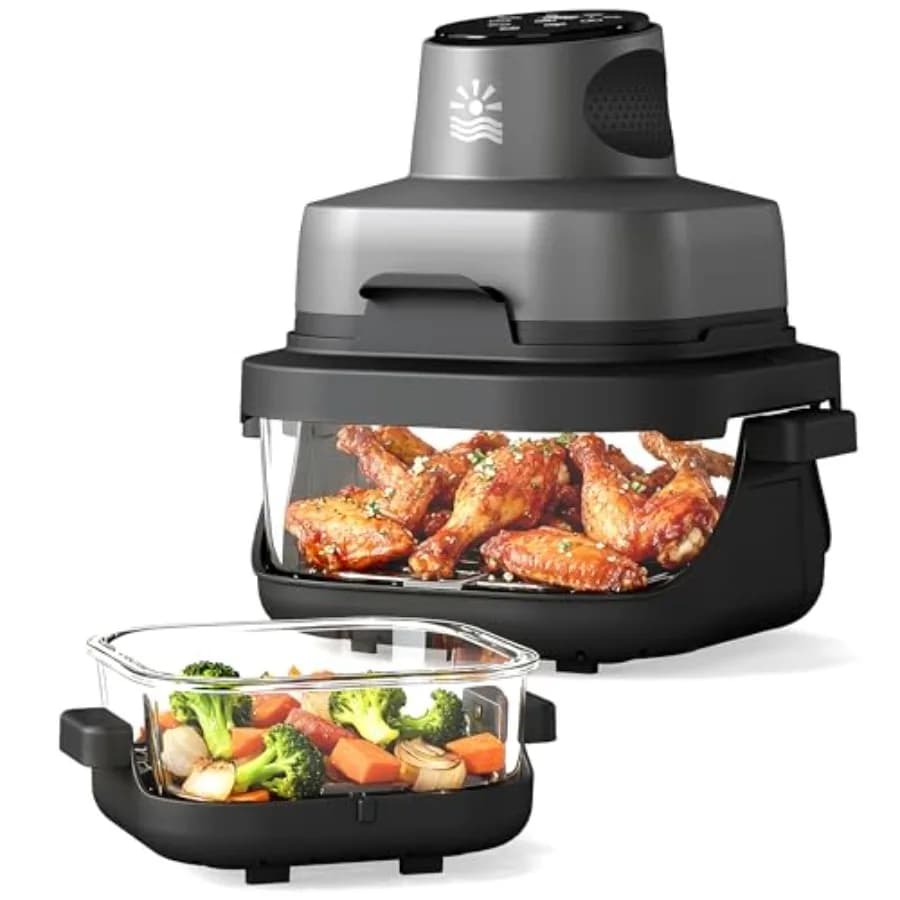 Friggitrice ad Aria Portatile 4-in-1 in Vetro Borosilicato Trasparente Non Tossico con Doppio Contenitore e Controllo Preciso del Calore da 1500W per Uso in Cucina