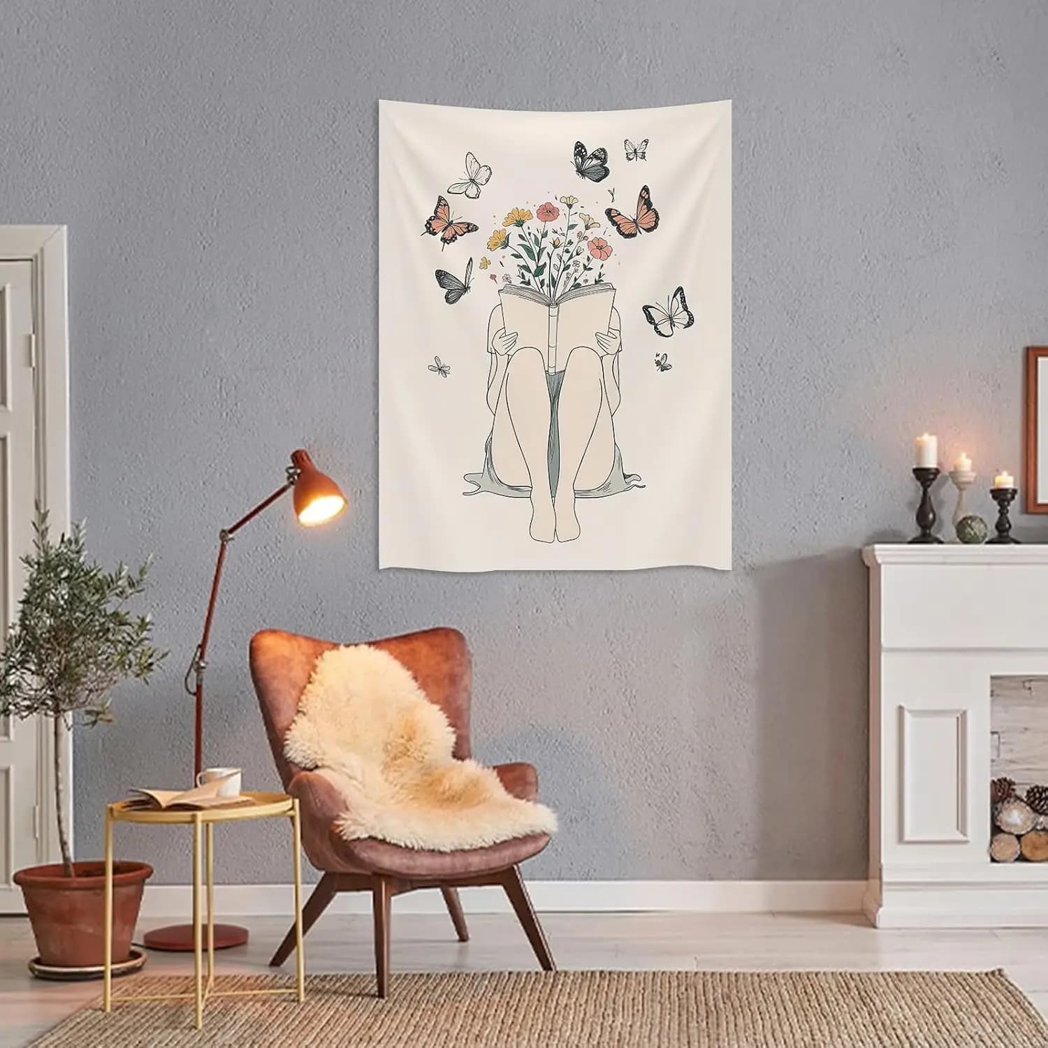 Women Reading Book Tapestry Boho Butterfly Flower Wall Hanging Nature Abstract Beige Sketch Simple Line Wall Art Gifts for Book