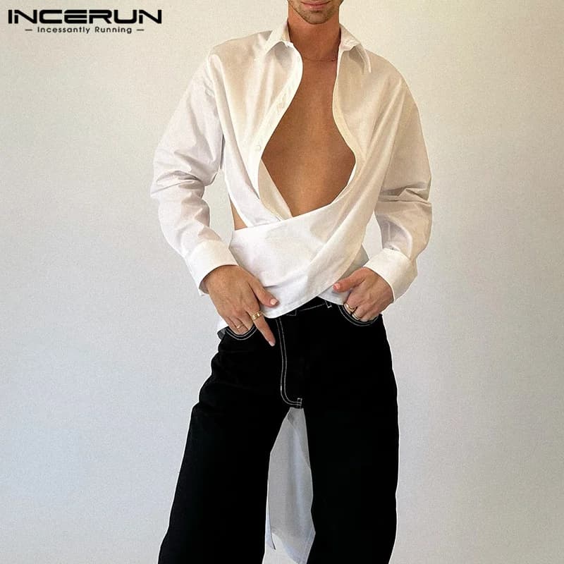INCERUN Magliette e camicette 2024 di Stile Americano di Modo Degli Uomini Sexy Decostruente Backless Arco Camicette Casual Maschile Solido Allentato Camicetta a Maniche Lunghe