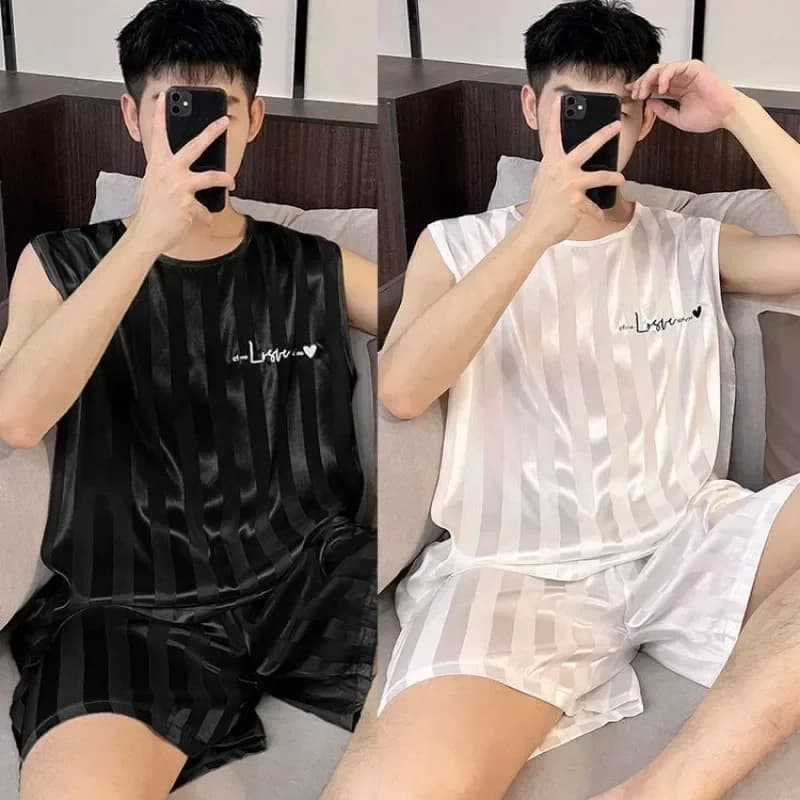 New Summer Men Ice Silk Thin Vest and Shorts Set Men's Pajamas Loungewear Set Plus-size Sleeveless Shorts Pant Casual Loungewear